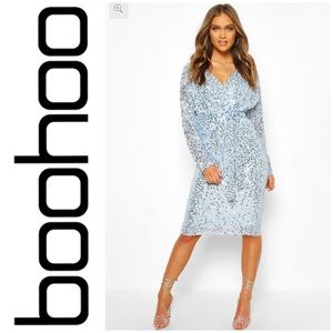 🔴SIZE 12🔴🔴Boohoo Occasions Sequined Dress Powder Blue Long Sleeves Size 12